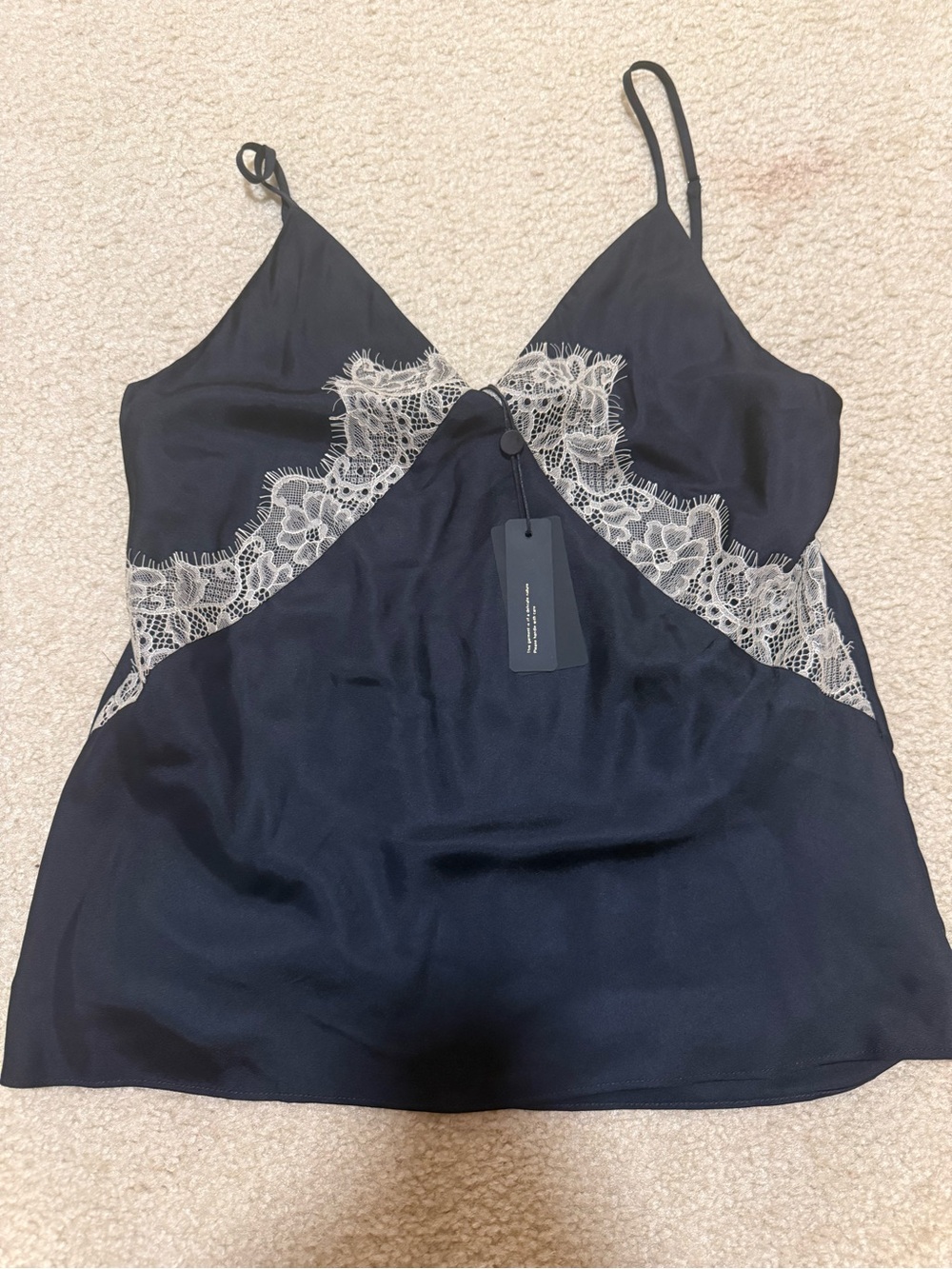 rag & bone Black Satin Cami with Cream Lace Trim